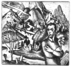 Л. Копельман. Автопортрет з квіткою на тлі краєвиду. 1925. офорт